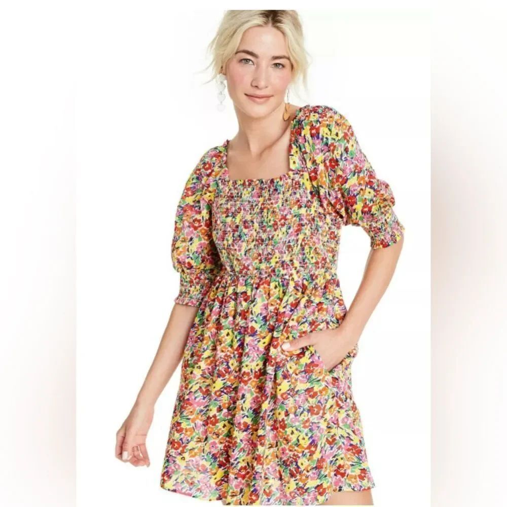 RIXO for Target Rainbow Floral Puff Sleeve Smocked Bodice Dress Size XS NWOT